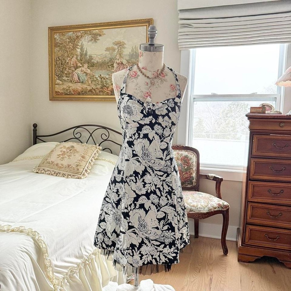 y2k forever‎ black and white floral halter dress - Picture 2 of 6